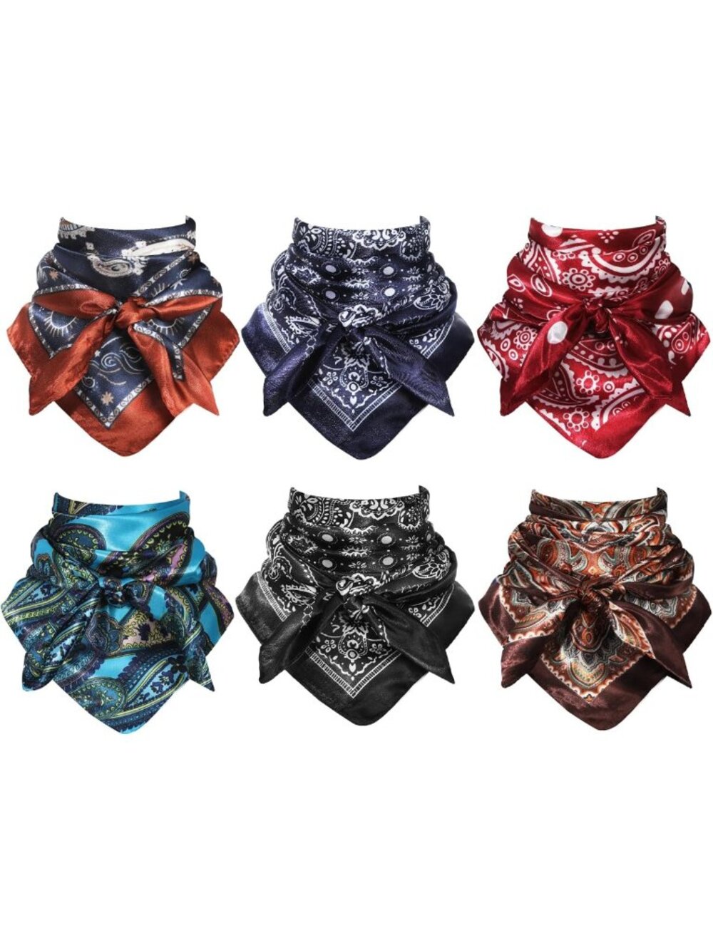 6 Pcs Oversized 35" Western Cowboy Silk Scarves & Bandanas - Wild Rags Set